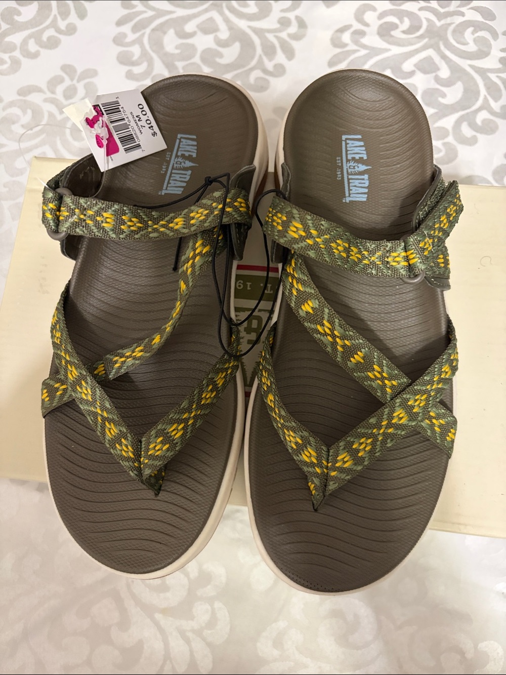 Lake & Trail Olive Green Strappy Sandals with Yellow Accent